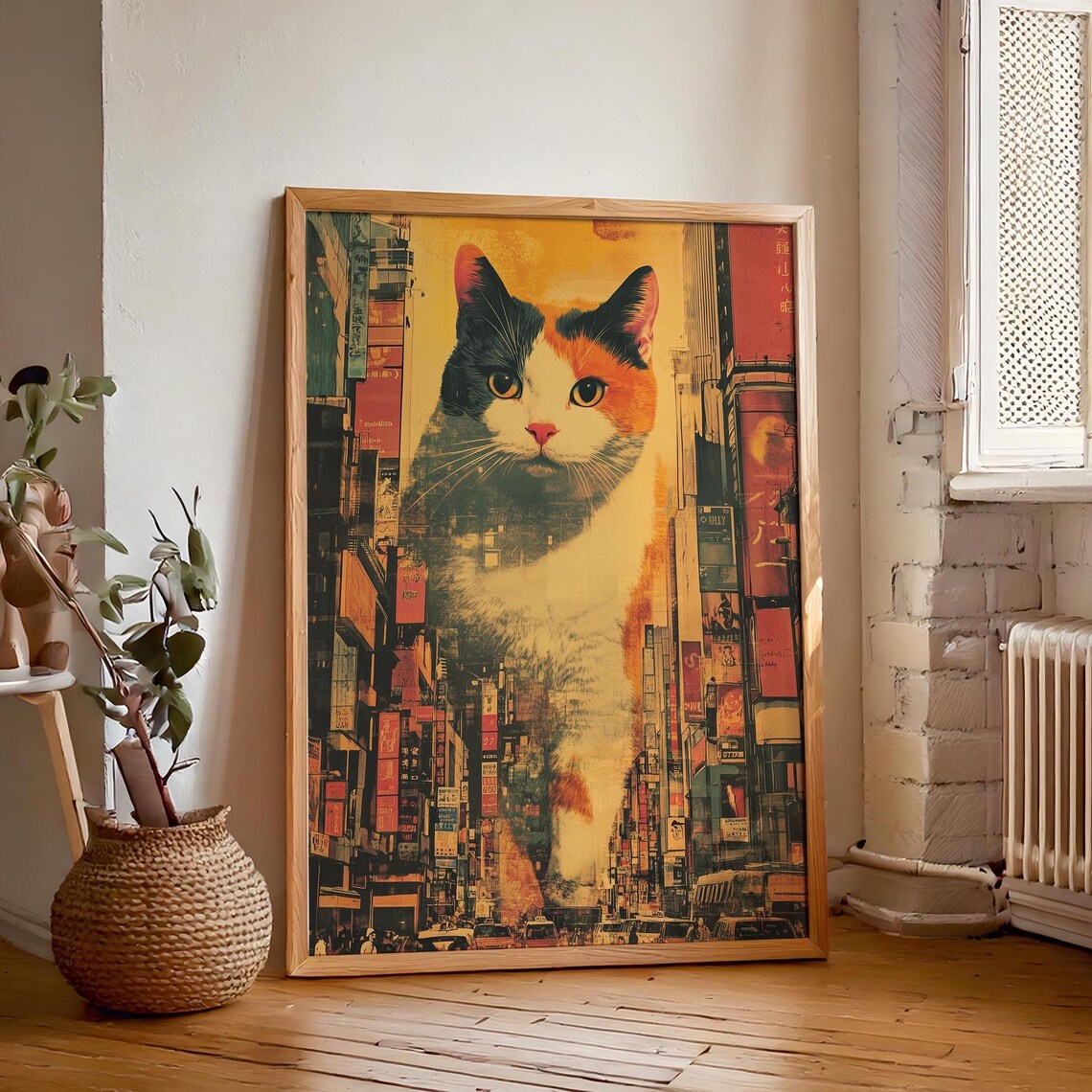 Huge Calico Cat in the City, Cute Cat Decor Art Print