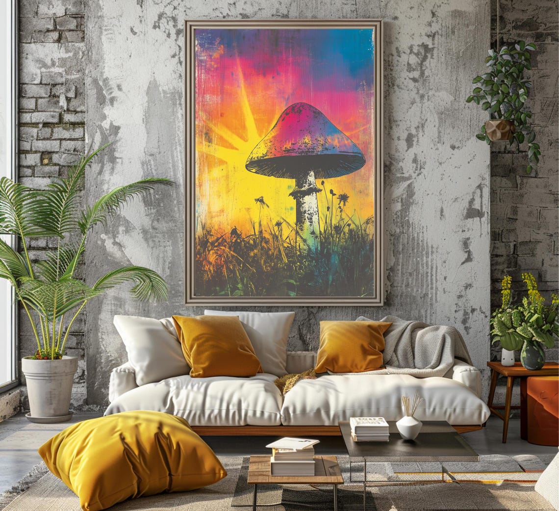 Mushroom Silhouette Against Rainbow Sunrise Psychedelic Art Poster - Image 7