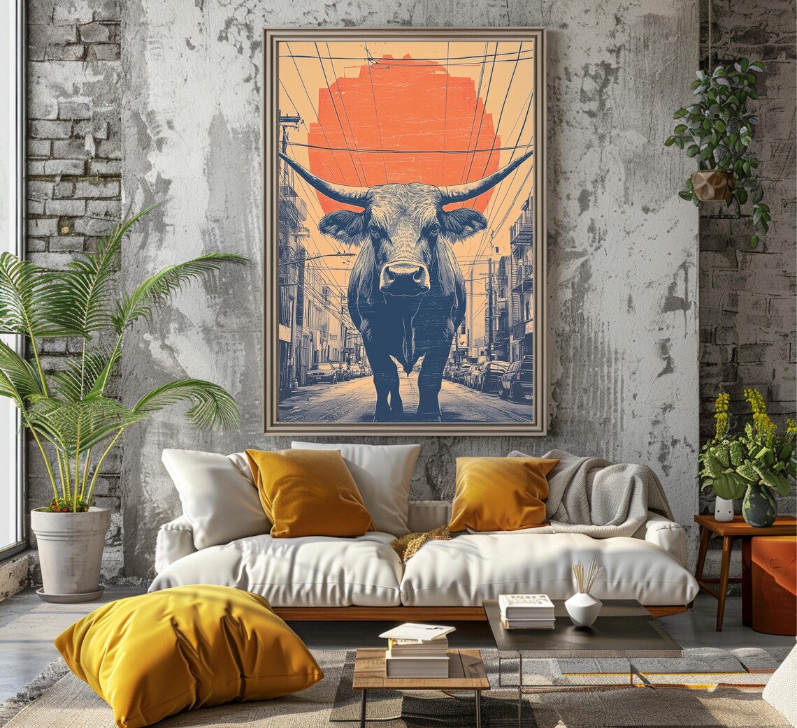 Longhorn Cow Under Giant Orange Sun City Street Western Art Poster - Image 5