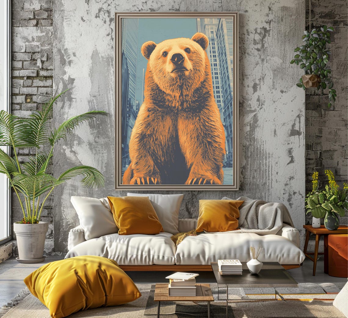 Giant Brown Bear Sitting Calmly Among City Skyscrapers Art Poster - Image 6