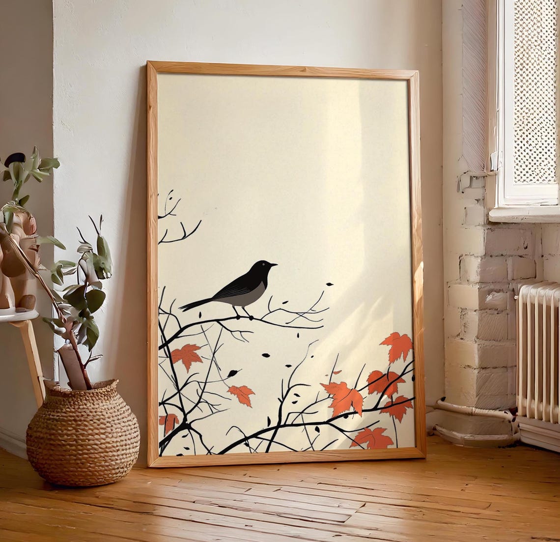 Minimalist Blackbird on Branch Japandi Style Autumn Art Poster