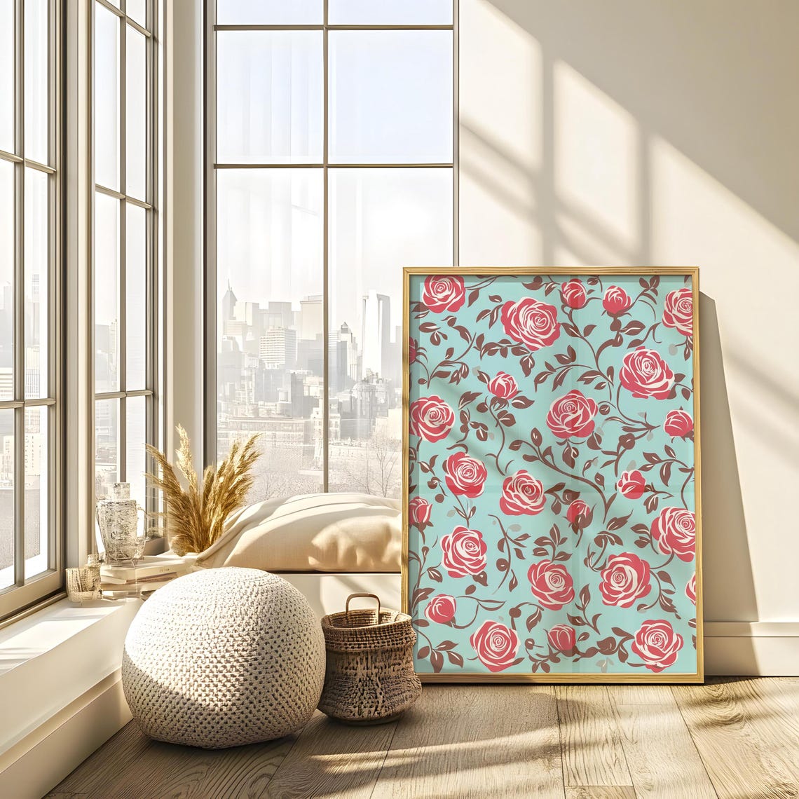 Chinoiserie Teal Background Crimson Rose Vine Pattern Poster - Image 4