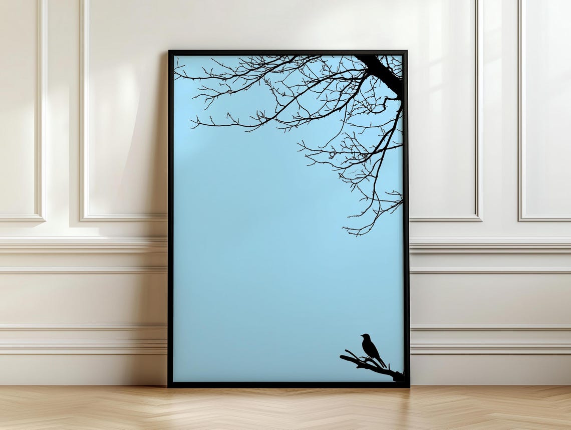 Black Bird Silhouette Bare Branch Light Blue Sky Minimal Poster - Image 7