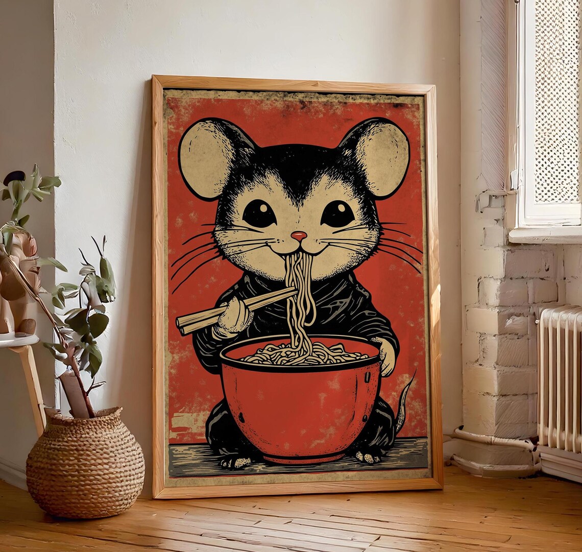 Mouse Eating Ramen Noodles, Japandi Minimalist Art Print