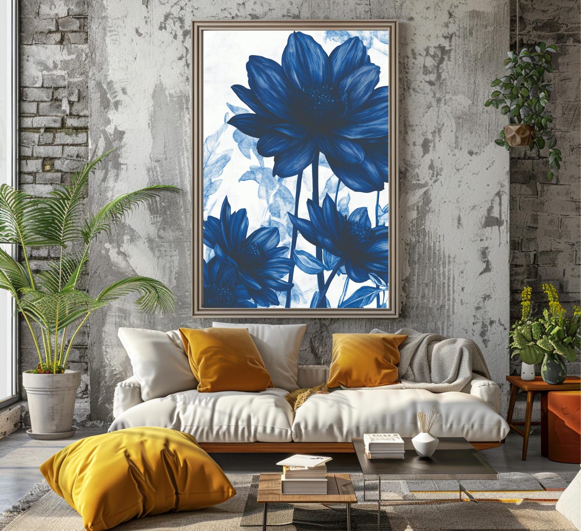 Large Cobalt Blue Flower Bloom Pair Botanical Watercolor Art Poster - Image 6