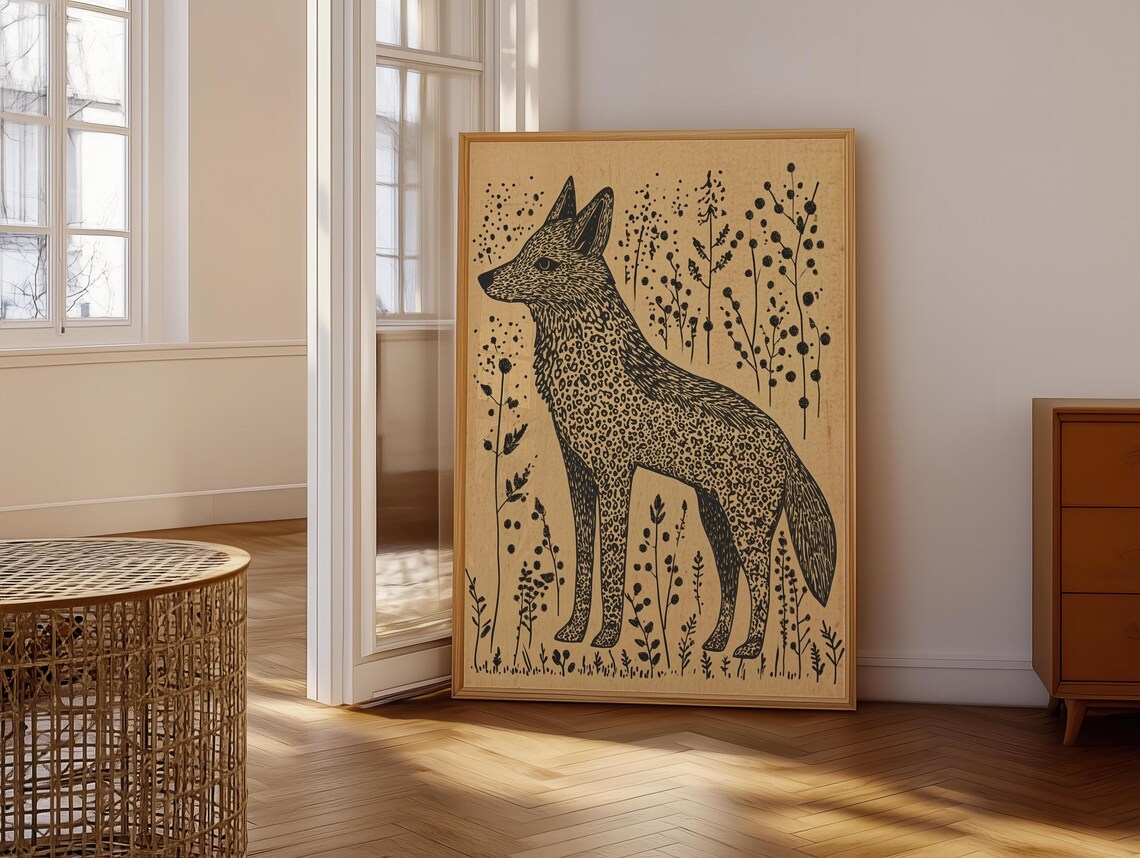 Standing Fox Linocut Style Folk Art Spotted Coat Wild Botanical Line Art Poster - Image 6