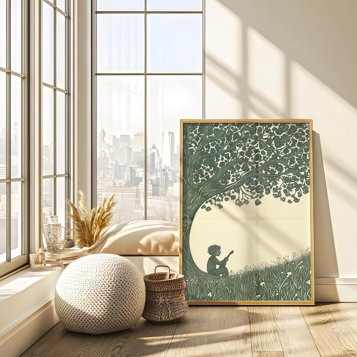 Boy With Pipe Under Great Tree Green Ink Folk Illustration Tapestry Style Art Poster - Image 2