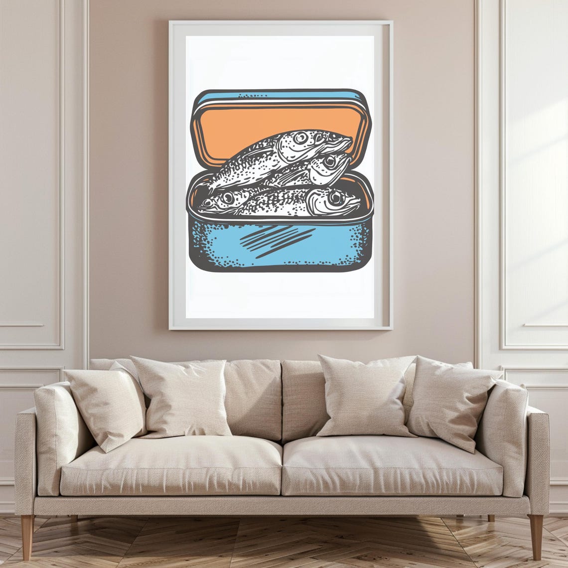 Open Blue Sardine Tin With Retro Fish Illustration Art Poster - Image 6