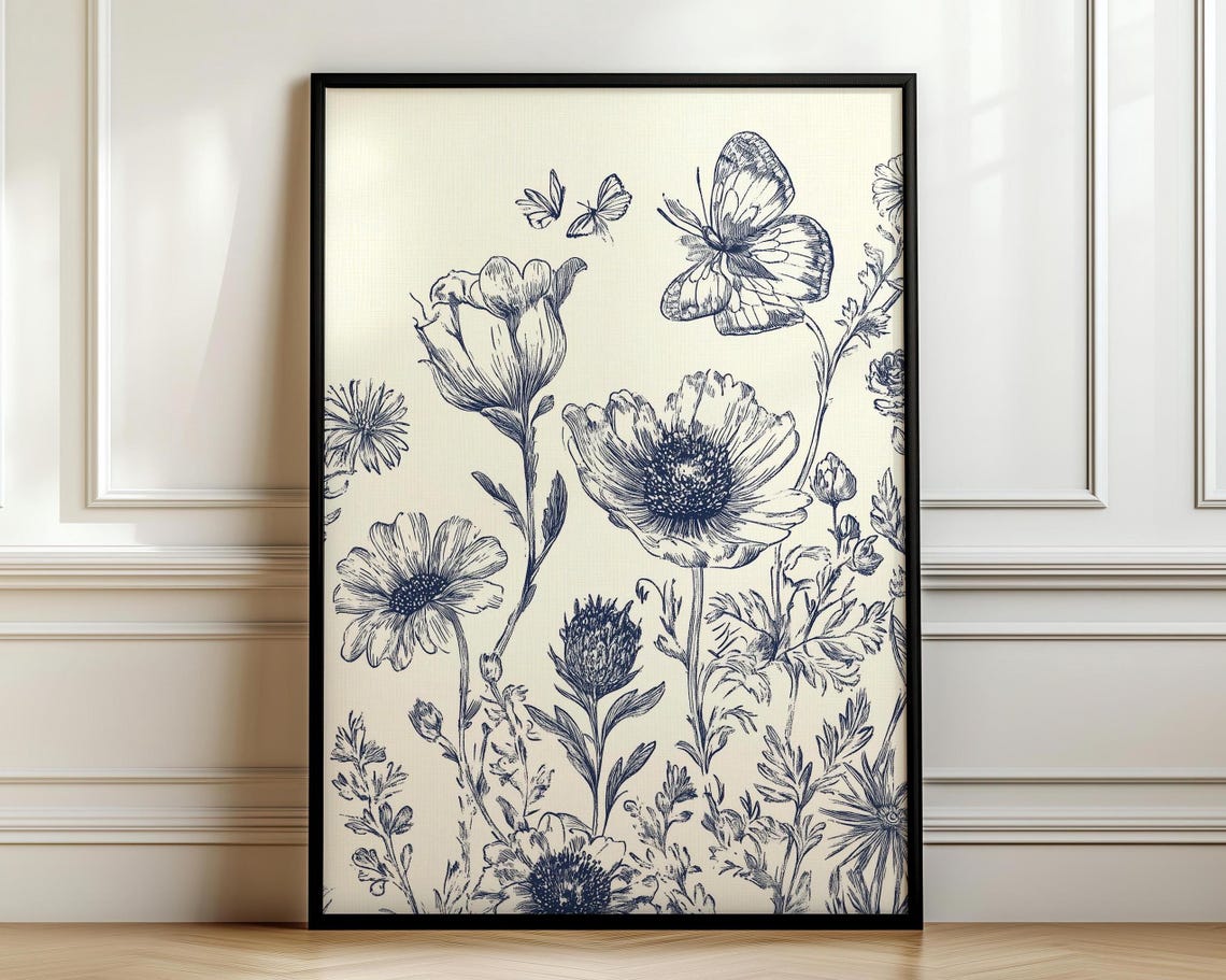 Blue Ink Wildflowers with Twin Butterflies Vintage Botanical Poster - Image 7