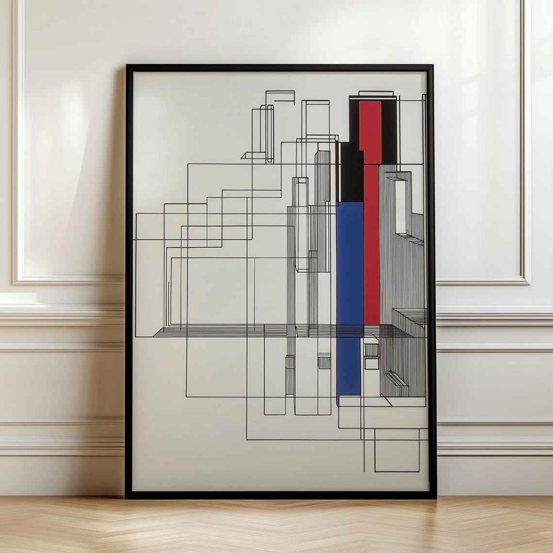 Bauhaus Geometric Skyline Line Art with Red Blue Bars Poster