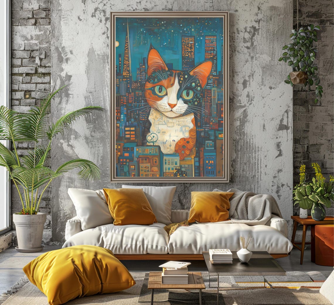 Calico Cat Over Night City Skyline Whimsical Painted Art Poster - Image 5