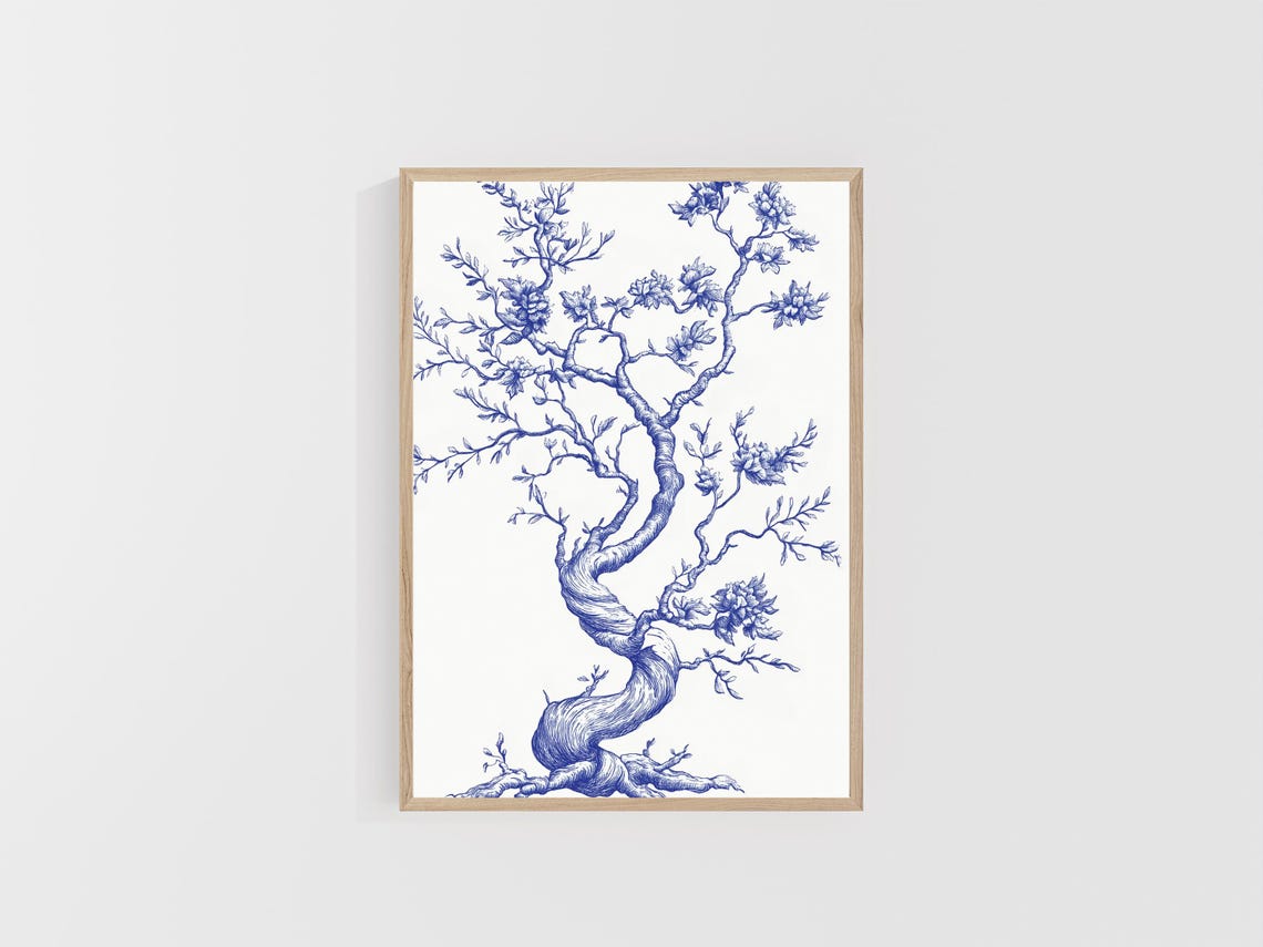Blue Ink Twisted Blossom Tree with Roots Botanical Line Poster - Image 4