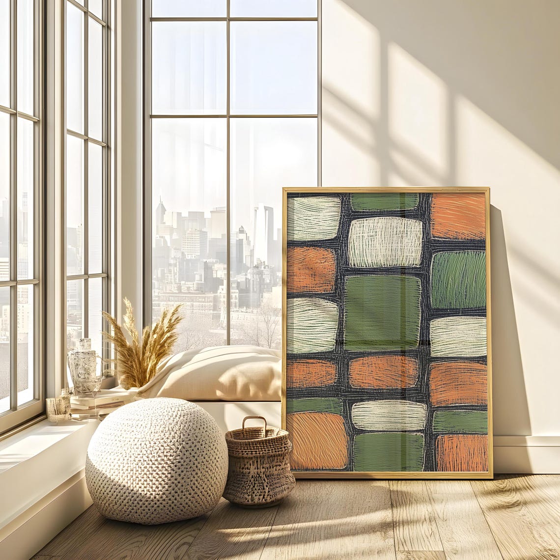 Retro Geometric Grid Sage Green Cream Rust 1970s Style Poster - Image 2