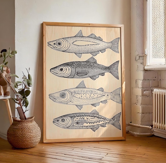 Woodcut Fish Print Wall Art Folk Art Inspired Prints Nautical Coastal Decor Neutral Boho Wall Hanging