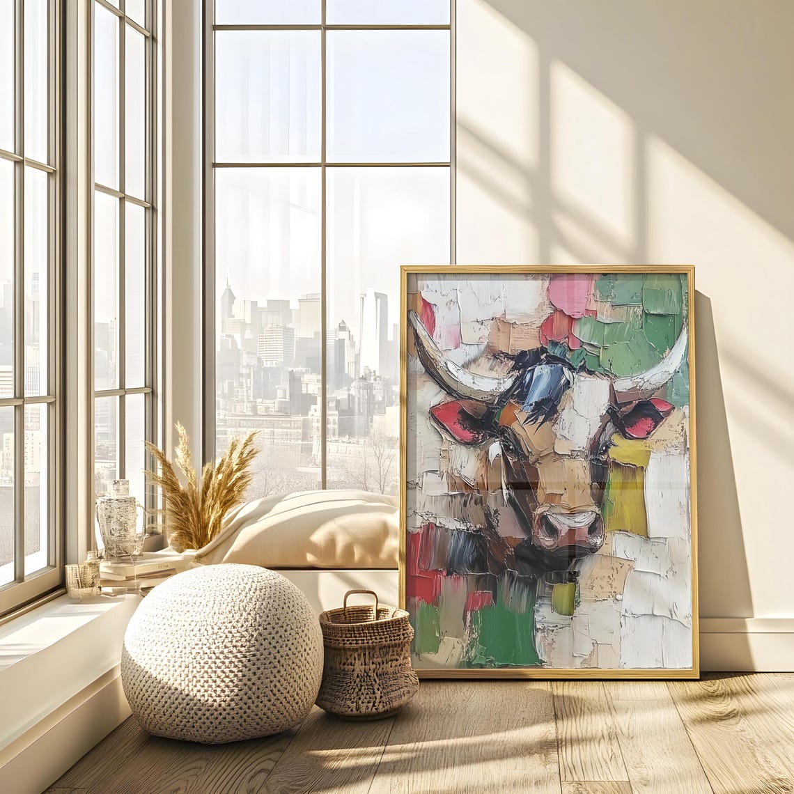 Colorful Abstract Impasto Bull Portrait with Pink Ears Painting Poster - Image 3