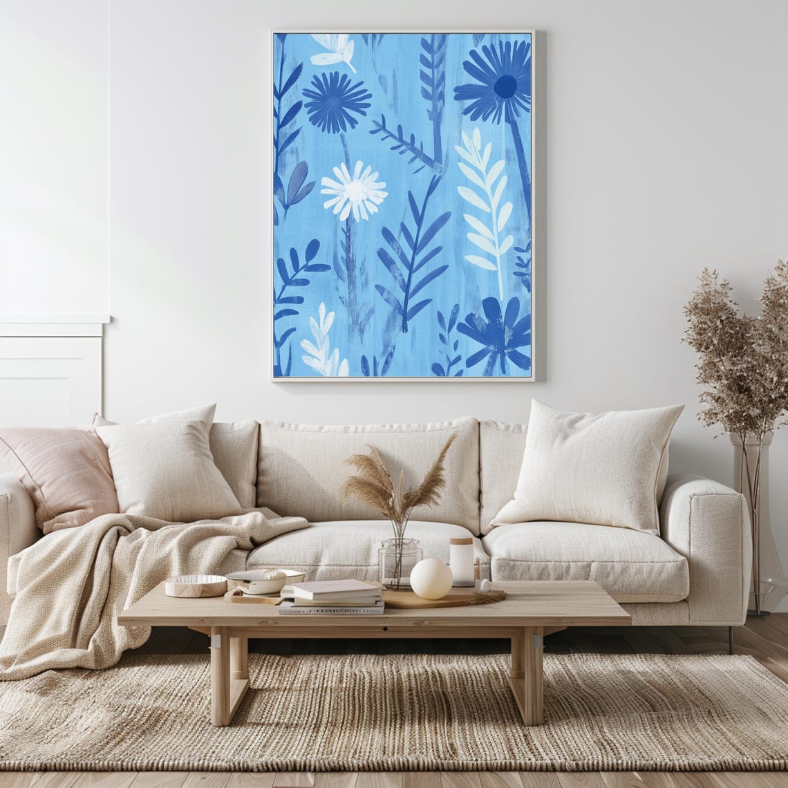 Sky Blue Daisy Meadow Abstract Botanical Silhouette Art Poster - Image 5