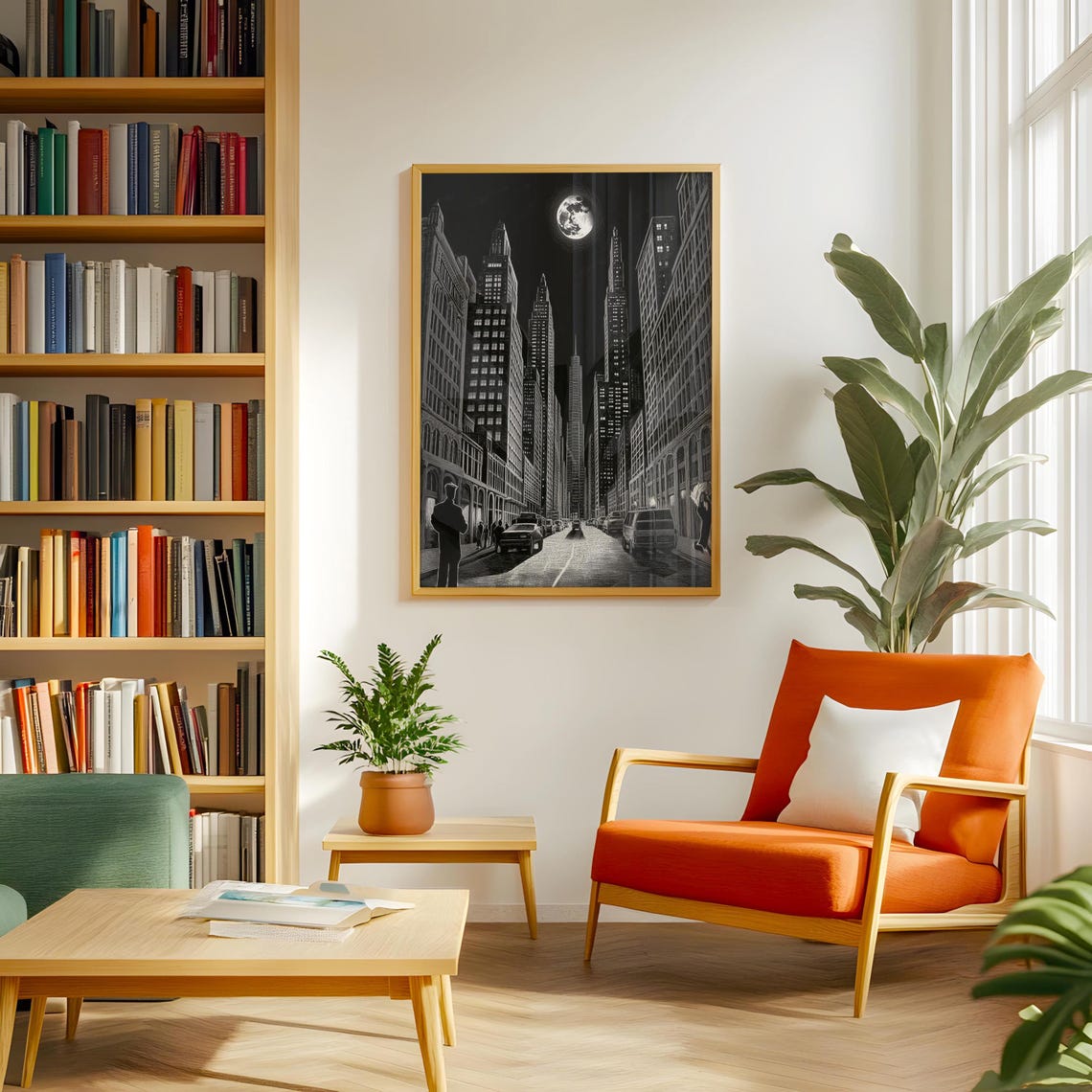 Dark Skyscraper Street Under Full Moon Detailed Sketch Poster - Image 3