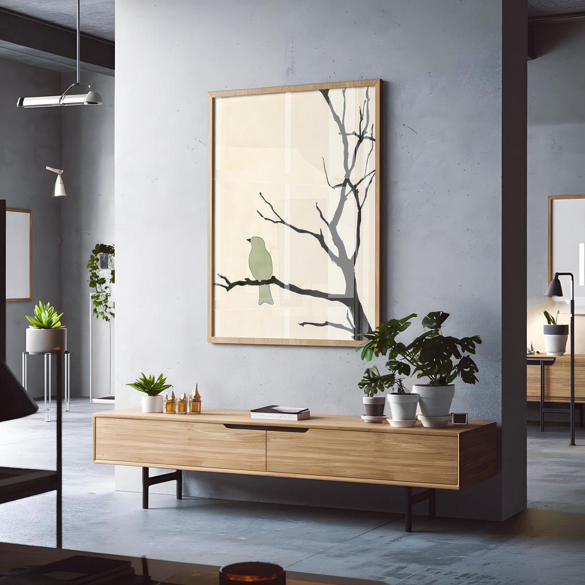 Sage Green Bird Perched On Black Branch Cream Japandi Style Poster - Image 3