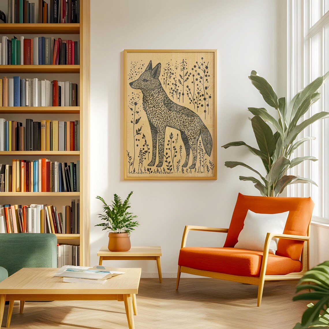 Standing Fox Linocut Style Folk Art Spotted Coat Wild Botanical Line Art Poster - Image 2