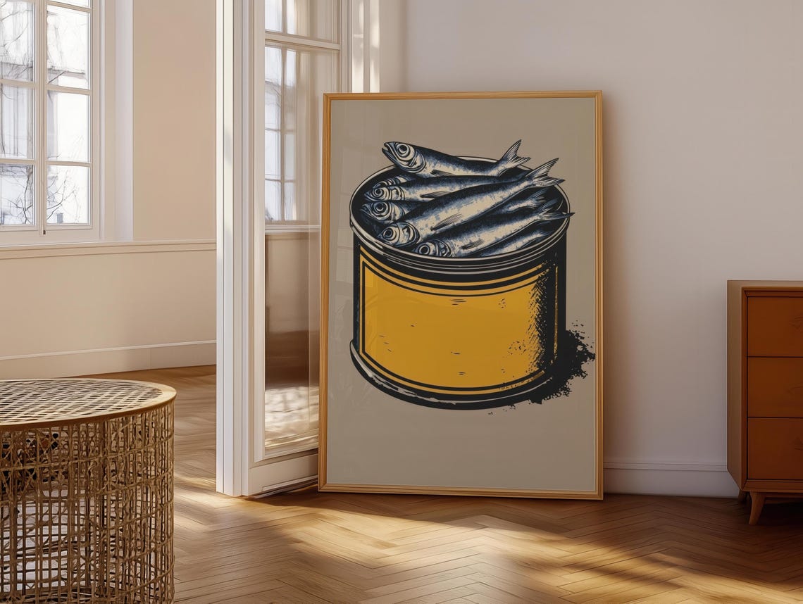 Yellow Vintage Tin Overflowing With Sardines Kitchen Art Poster - Image 6