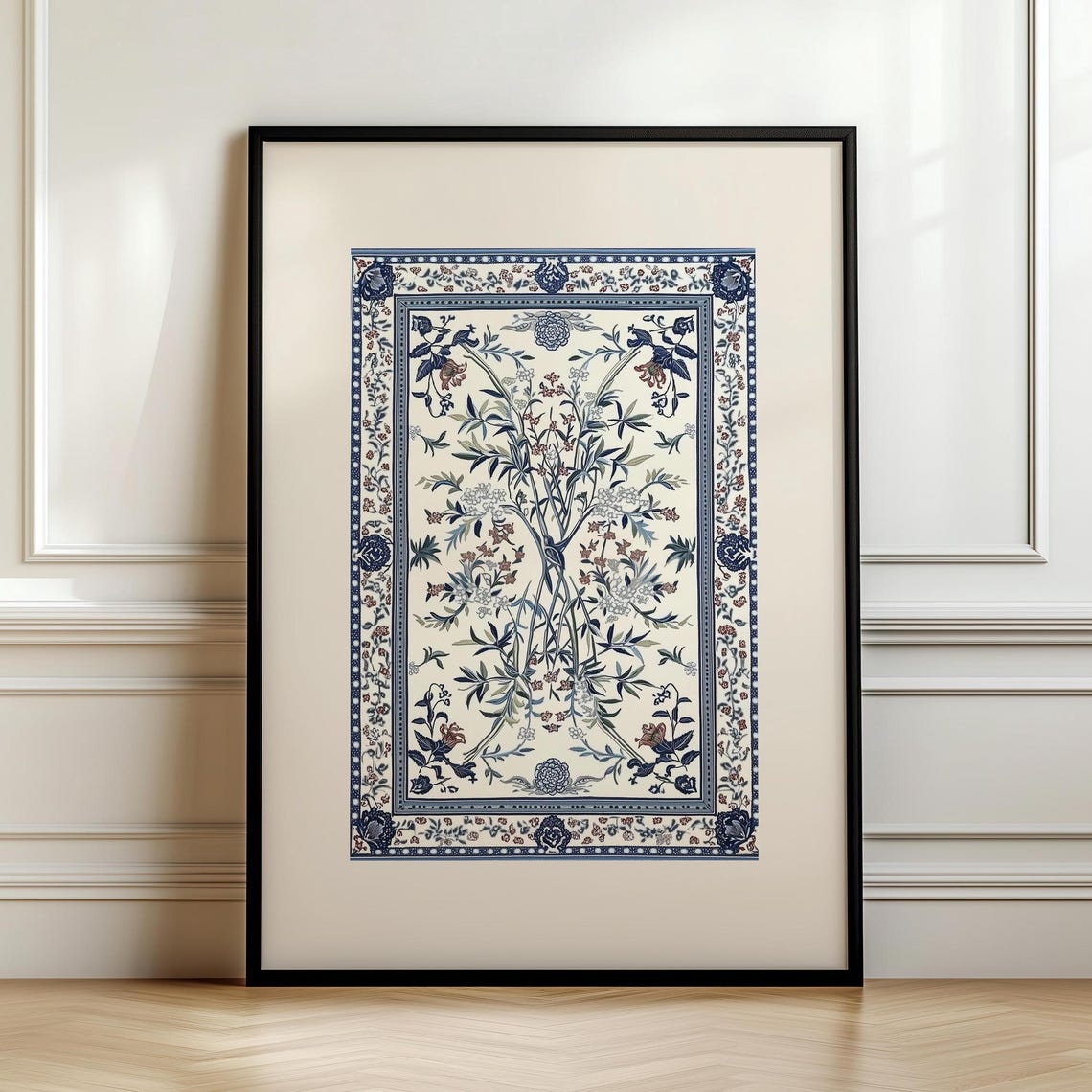 Blue White Botanical Textile Rug Kashmiri Floral Ornament Poster