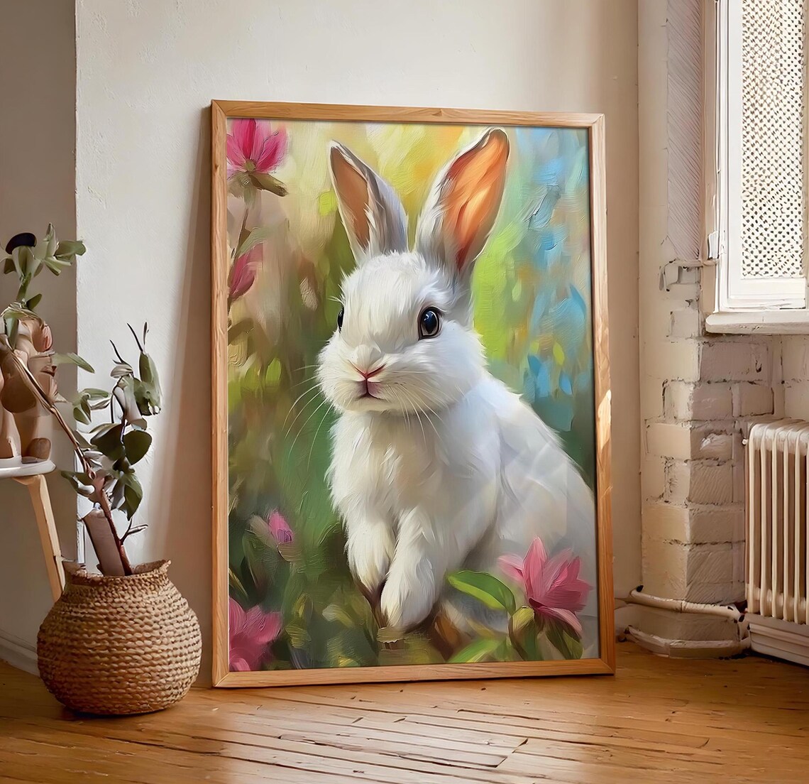 White Bunny Among Pink Blossoms Soft Painterly Spring Garden Animal Wall Art