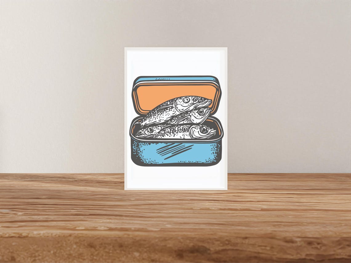 Open Blue Sardine Tin With Retro Fish Illustration Art Poster - Image 2
