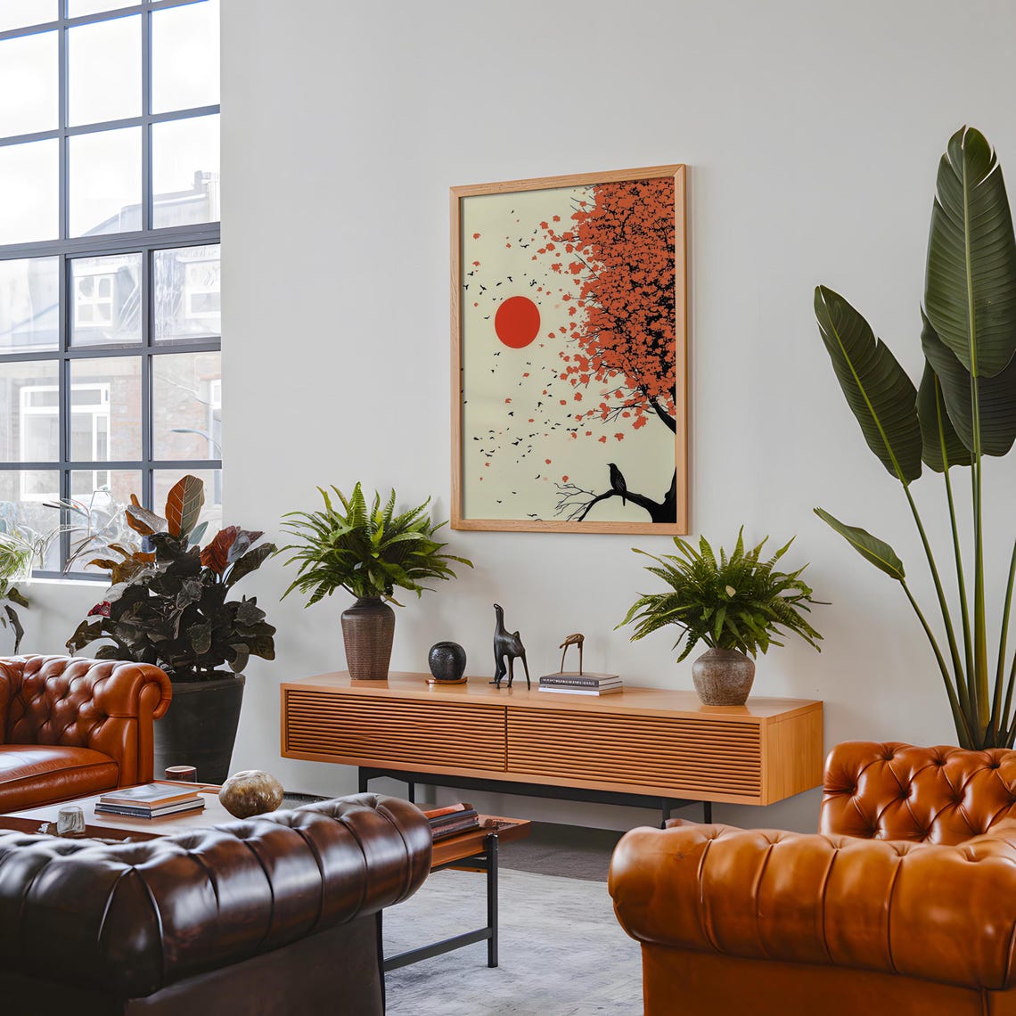 Japandi Red Sun Over Blossom Tree With Black Bird Cream Wall Art - Image 4