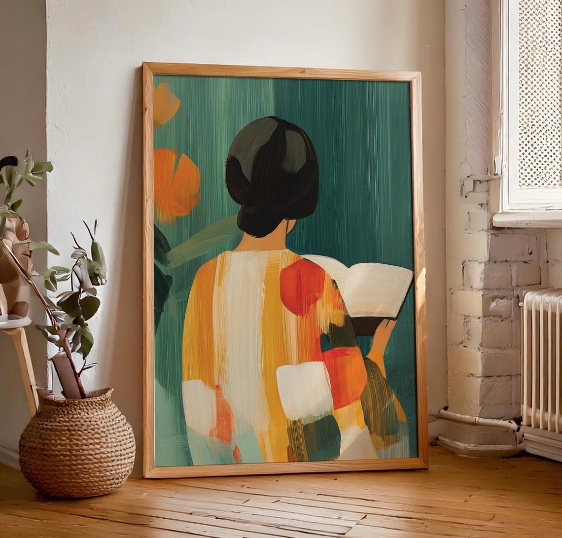 Woman With Bob Haircut Reading Colorful Back View Art Poster