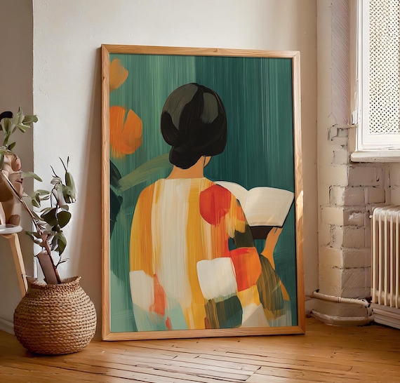 Woman With Bob Haircut Reading Colorful Back View Art Poster