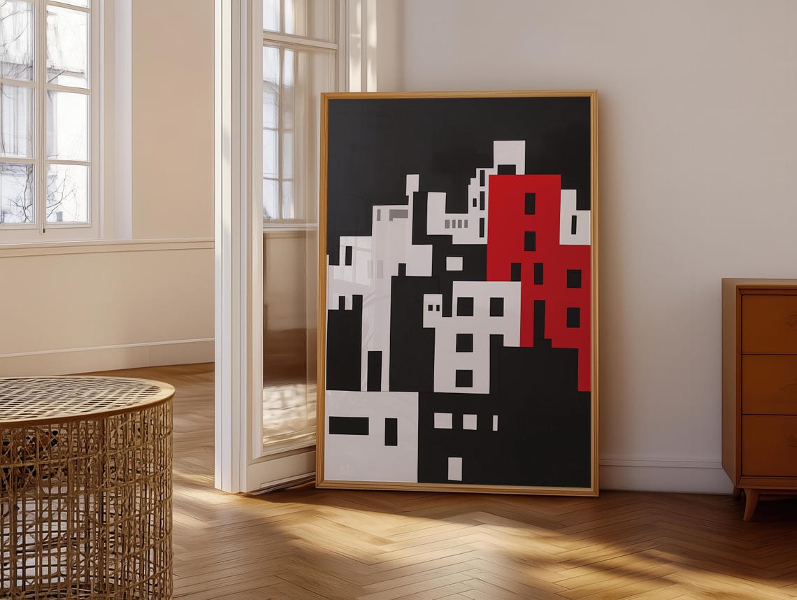 Bold Geometric Black White And Red Abstract Cityscape Art Poster - Image 6
