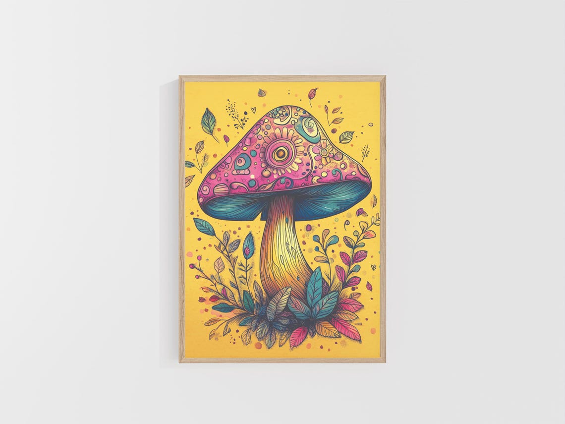 Pink Floral Mushroom With Botanical Leaves Yellow Art Poster - Image 5