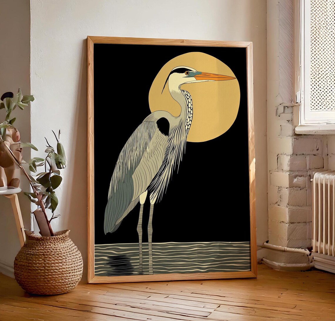 Retro Vintage Heron In The Night Art Print