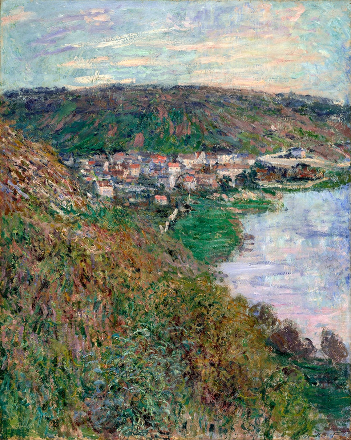 Claude Monet View Of Vetheuil 1880 Riverside Village Hills Poster - Image 2