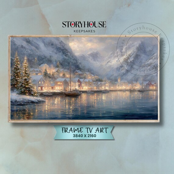 Moody Norwegian Winter Fjord Village Harbor Snow Impressionist Wall Art