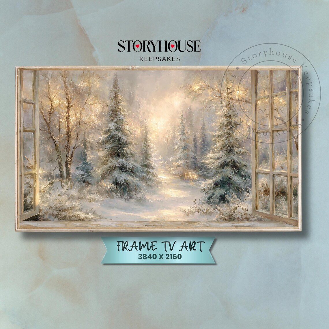 Winter Window View Snowy Pines Cozy Impressionist Christmas Wall Art