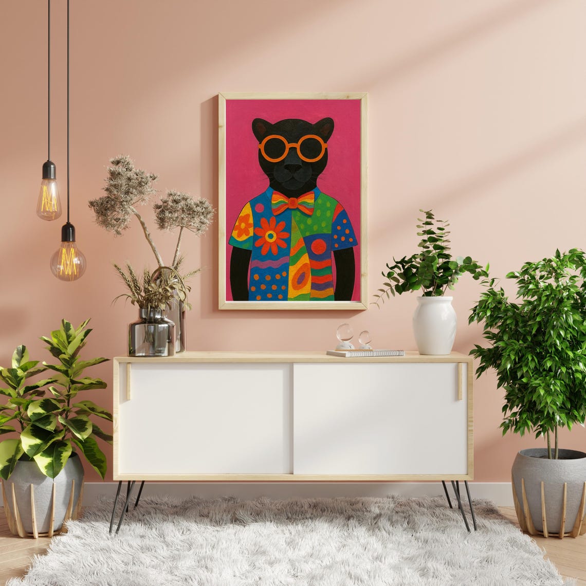 Funky Black Cat Glasses Colorful Shirt Pop Art Animal Poster