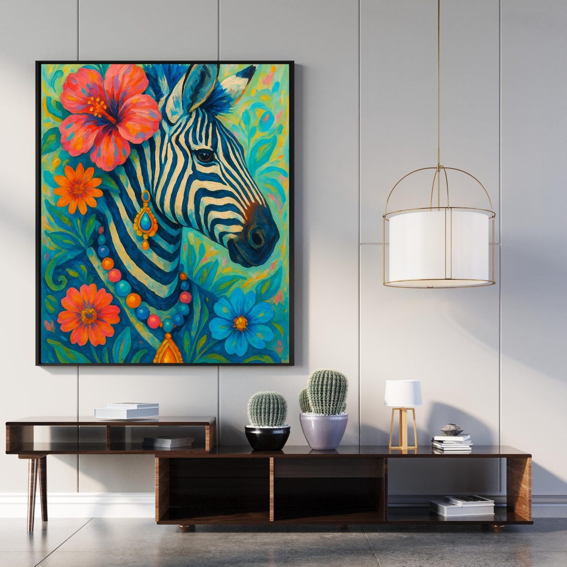 Vibrant Zebra With Floral Jewelry Colorful Jungle Art Poster
