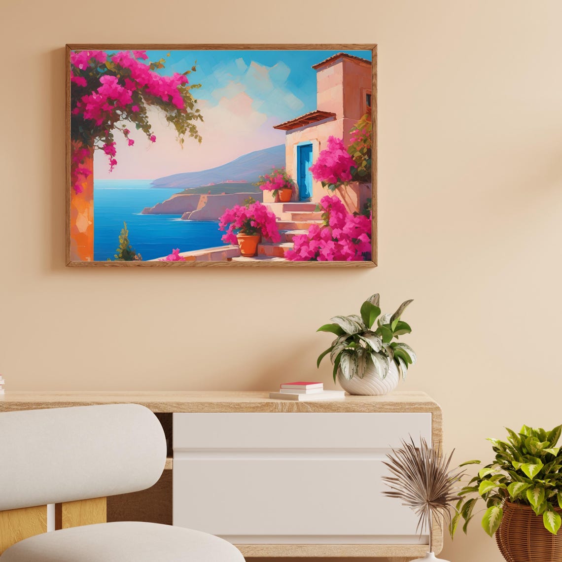 Mediterranean Coastal Villa Bougainvillea Flowers Ocean View Art Print