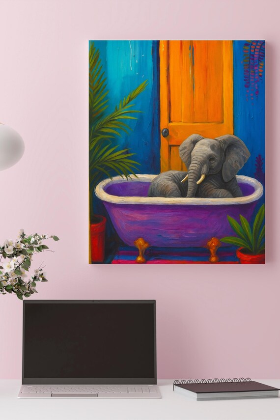 Whimsical Baby Elephant in Purple Bathtub Colorful Art Poster