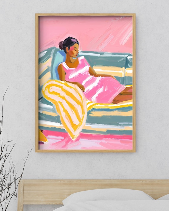 Relaxed Woman in Pink Dress on Sofa Modern Painting Poster Art