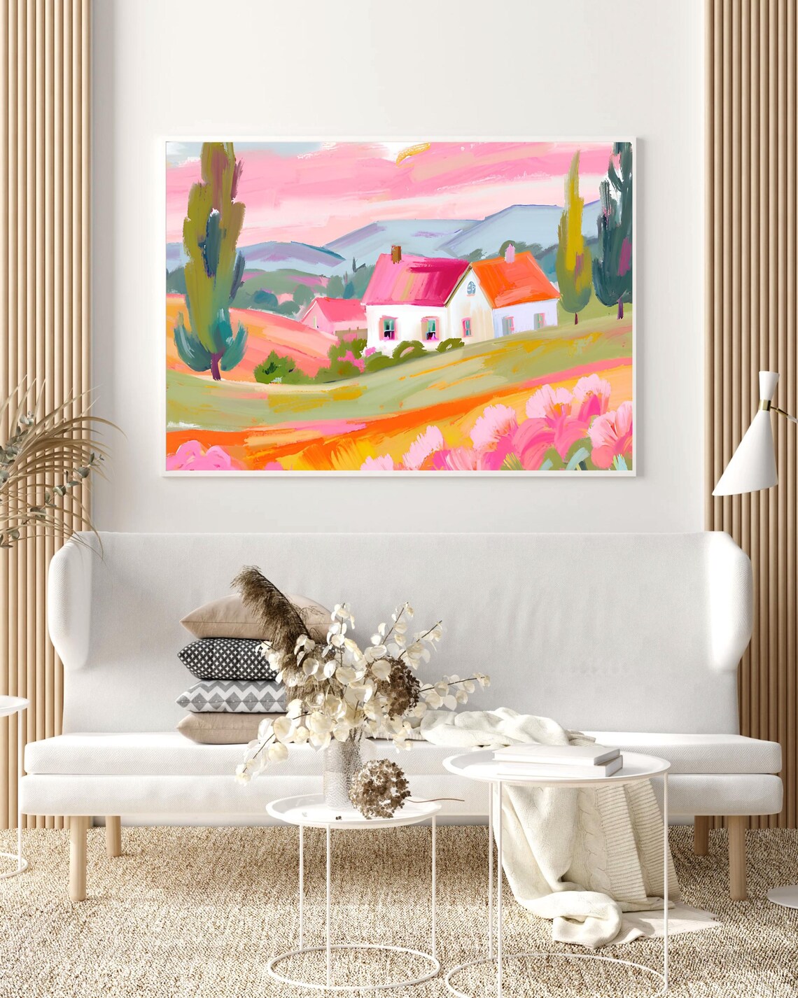 Pink Farmhouse Rolling Hills Countryside Pastel Landscape Art Poster