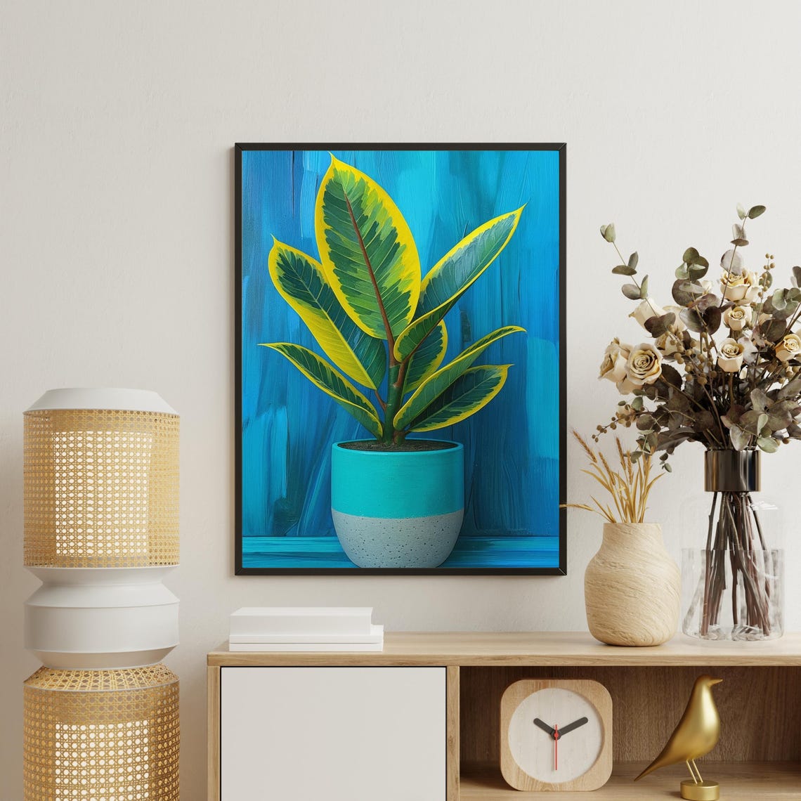 Rubber Plant Turquoise Pot Vibrant Blue Modern Botanical Art Print