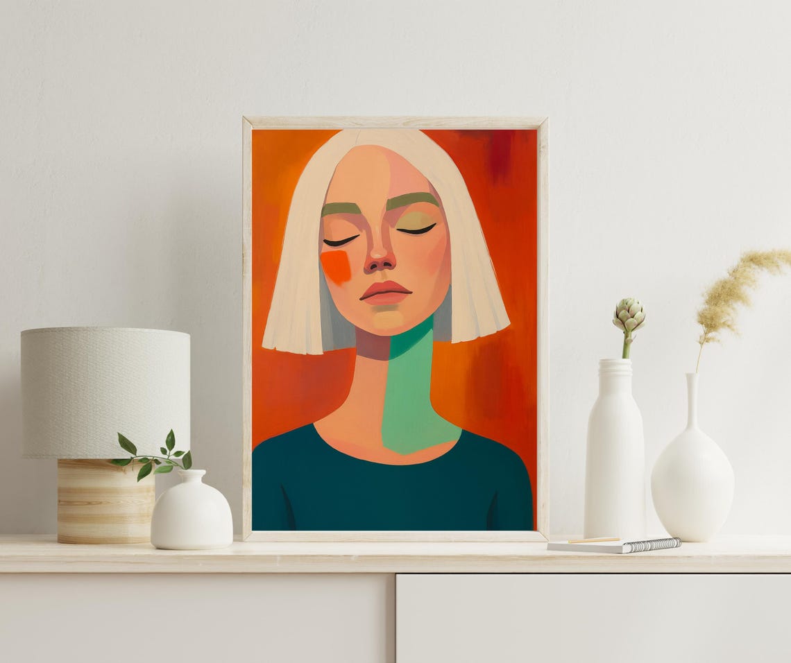 Minimalist Woman Portrait Orange And Teal Color Block Art Poster