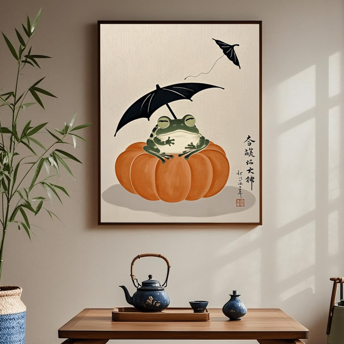 Japanese Frog on Pumpkin with Umbrella Ink Painting Art Poster