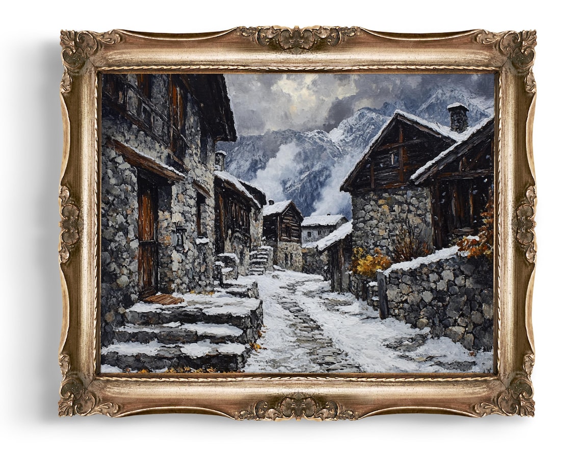Snowy Stone Village Lane Climbing Toward Misty Mountain Peaks Poster