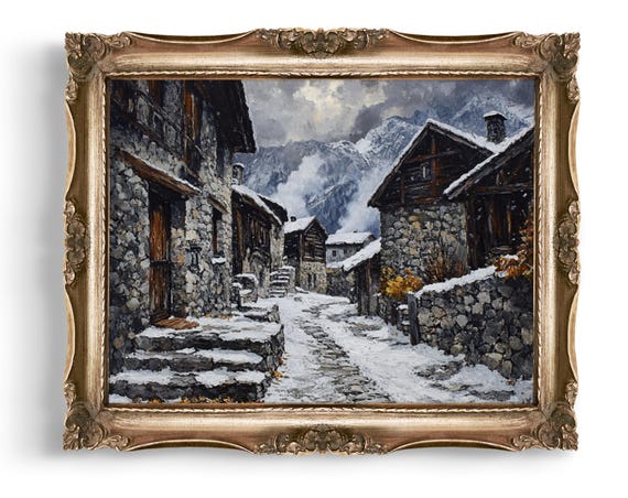 Winter Village Art Mountain Scene Print Snowy Landscape Wall Decor Cozy Home Rustic Painting