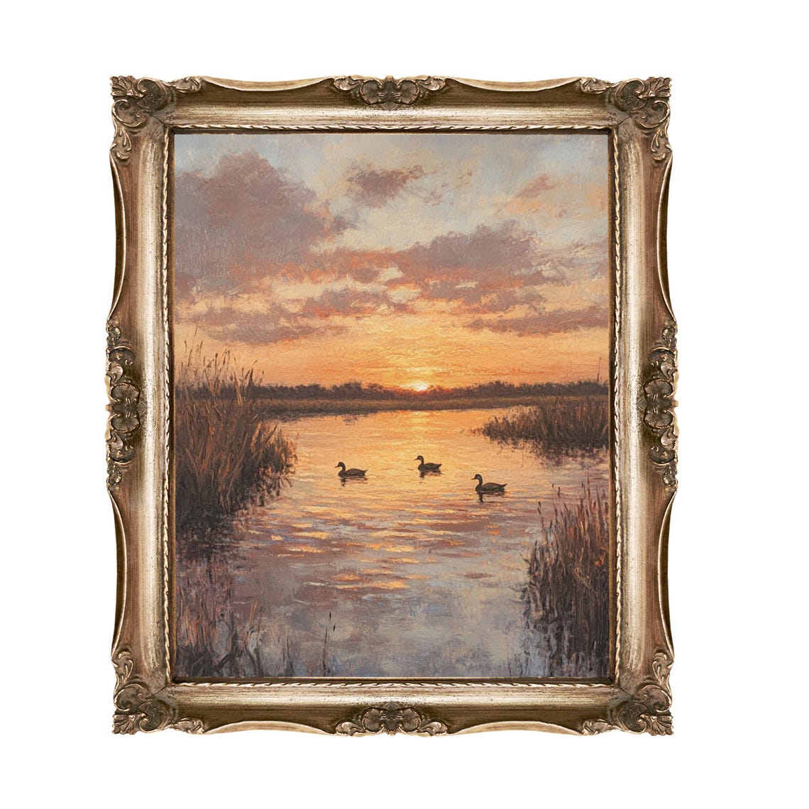 Three Ducks Floating on a Marsh Pond at Sunset Vintage Art Print