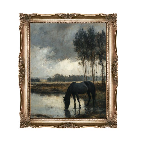 Horse Art Print Vintage Painting Moody Landscape Dark Academia Decor Animal Wall