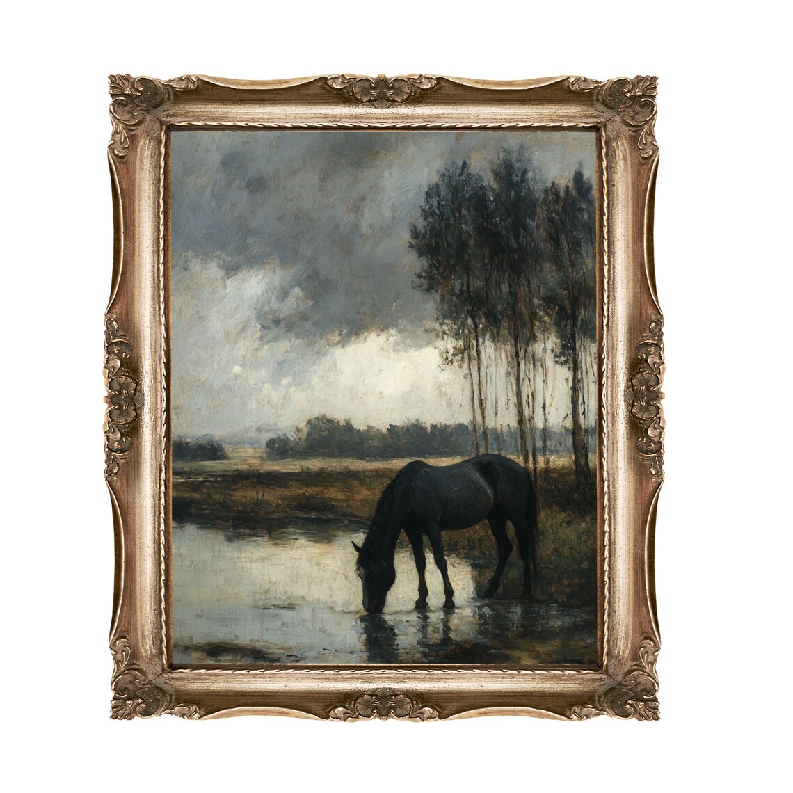 Black Horse Drinking at a Pond in a Moody Landscape Art Print